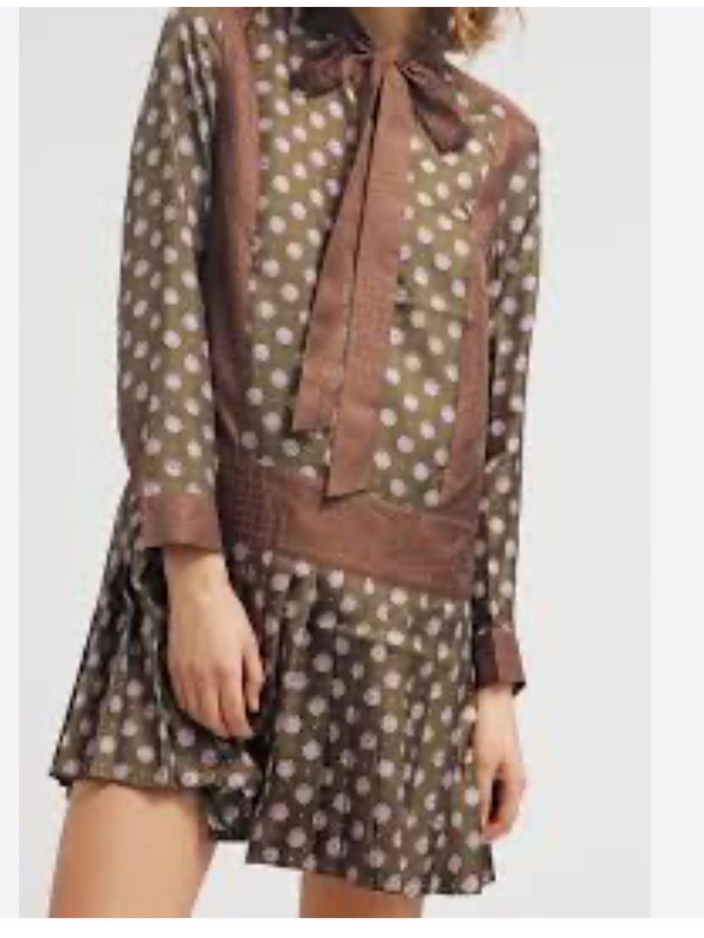 Banana Republic Olive Polka Dot Mini Dress with Brown Trim and Tie Neck